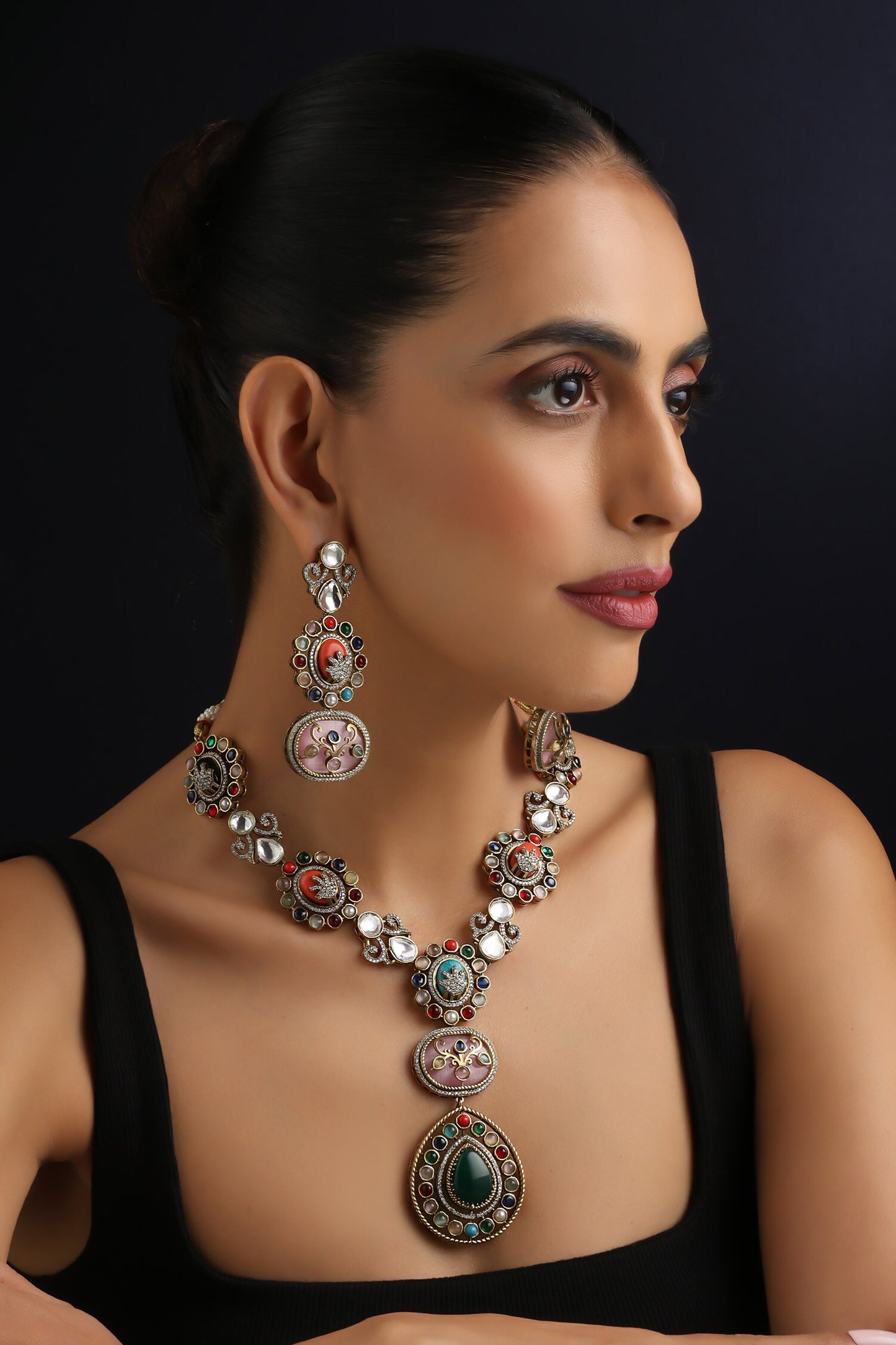 Multicolour Polki Long Necklace Set 