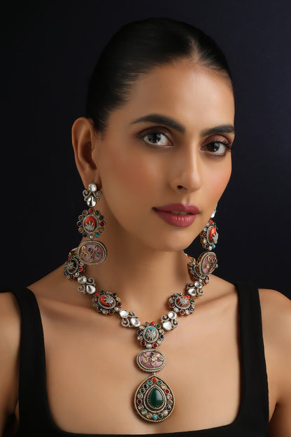 Multicolour Polki Long Necklace Set 