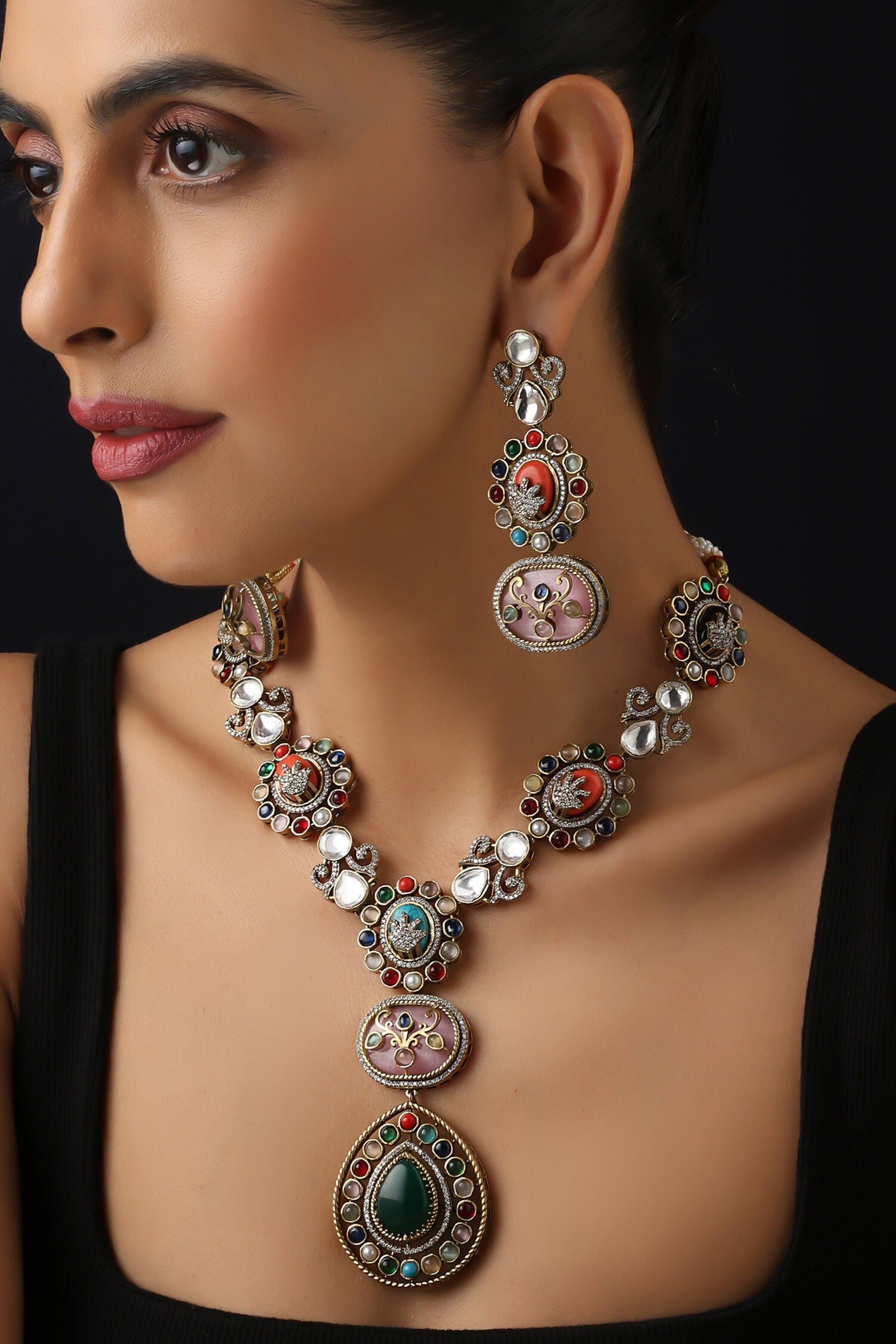 Multicolour Polki Long Necklace Set 