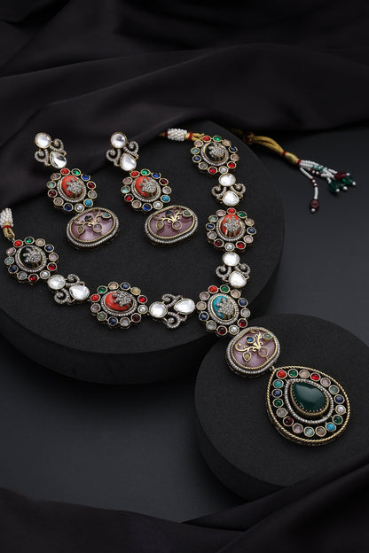 Multicolour Polki Long Necklace Set 