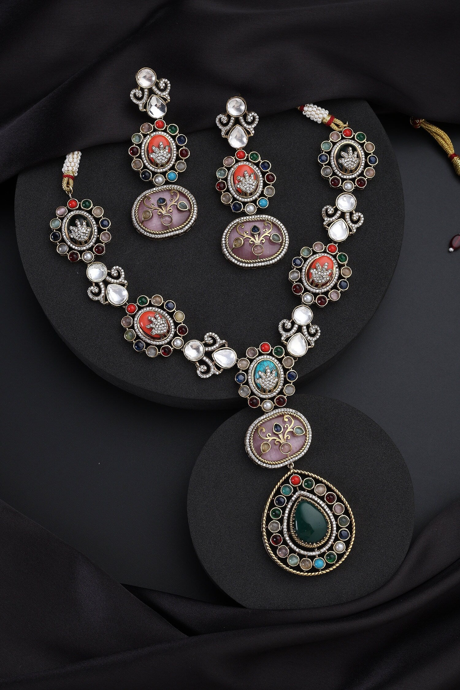 Multicolour Polki Long Necklace Set 
