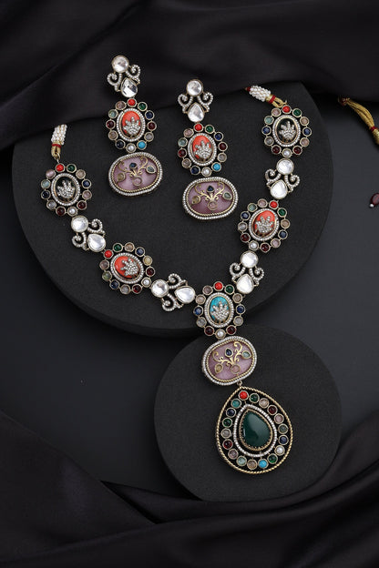 Multicolour Polki Long Necklace Set 