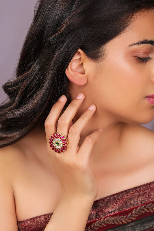 Handcrafted Pink Green Floral Ring 