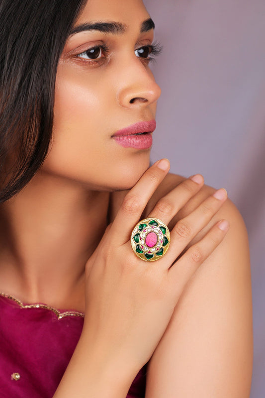 Green And Pink Jadau Kundan Ring 