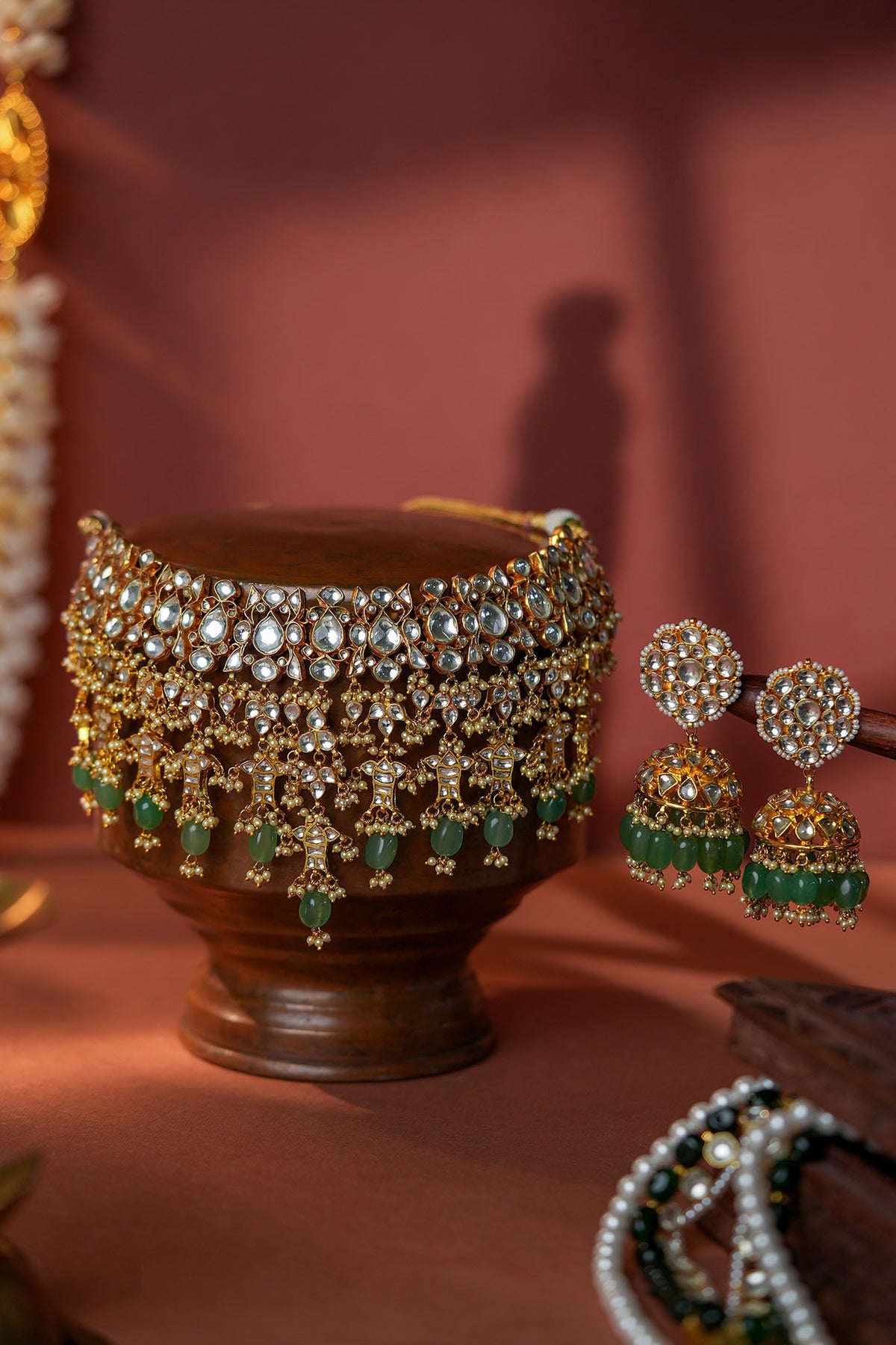 Jade Green Bridal Necklace With Jhumki Earings 