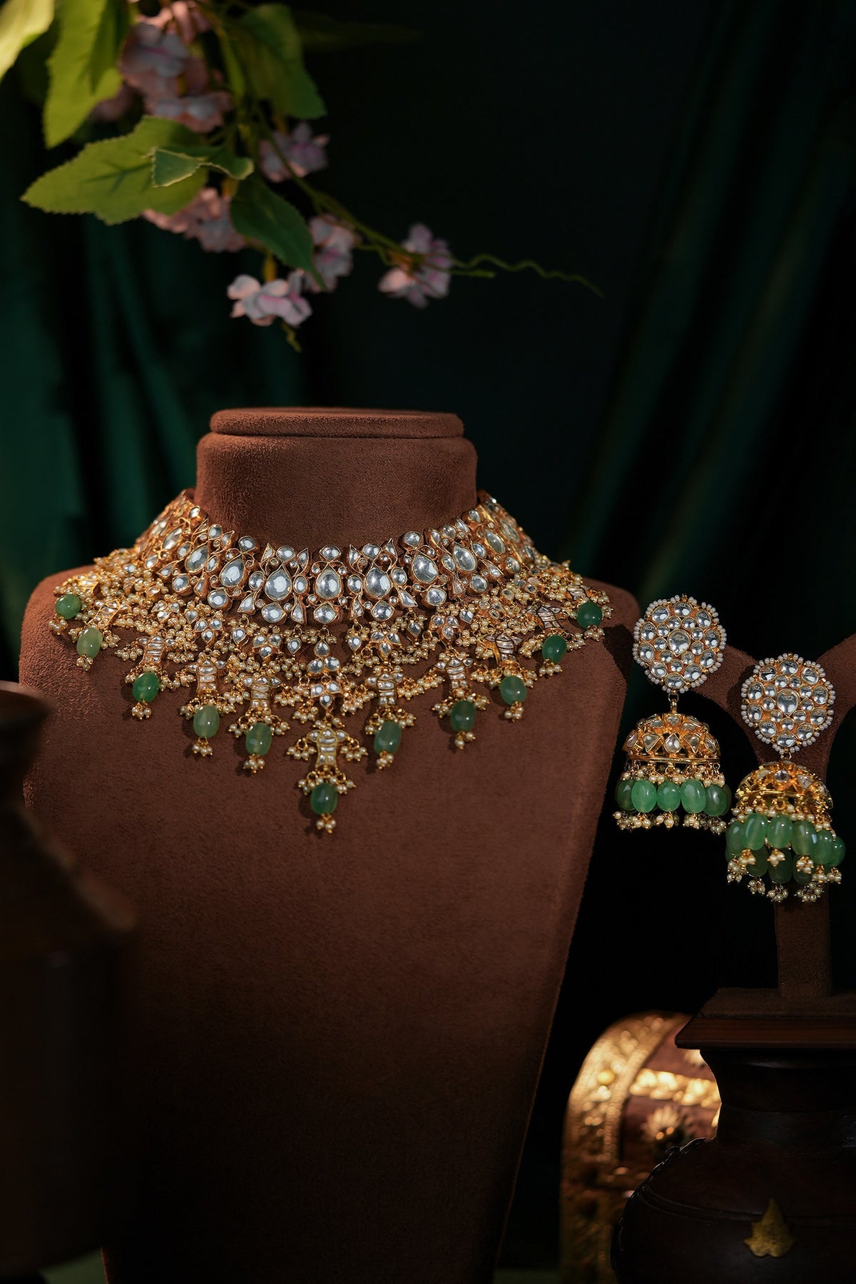 Jade Green Bridal Necklace With Jhumki Earings 