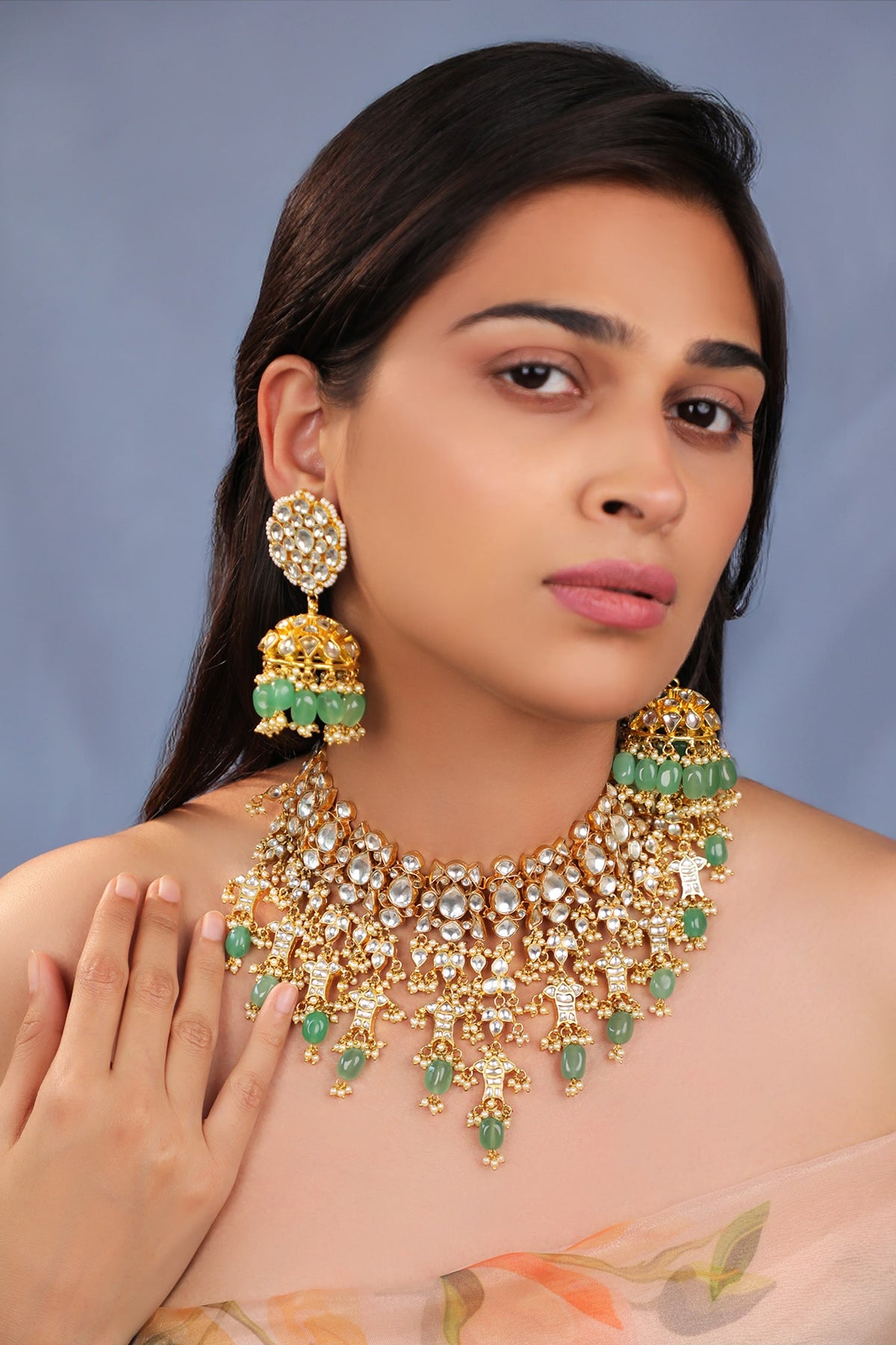 Jade Green Bridal Necklace With Jhumki Earings 