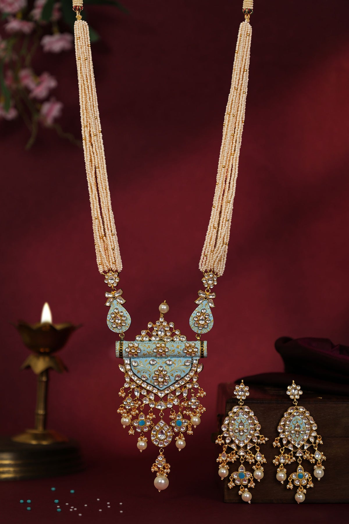 Firozi Blue Pendant Necklace With Delicate Mina Work And Long Festive Wear Earings 