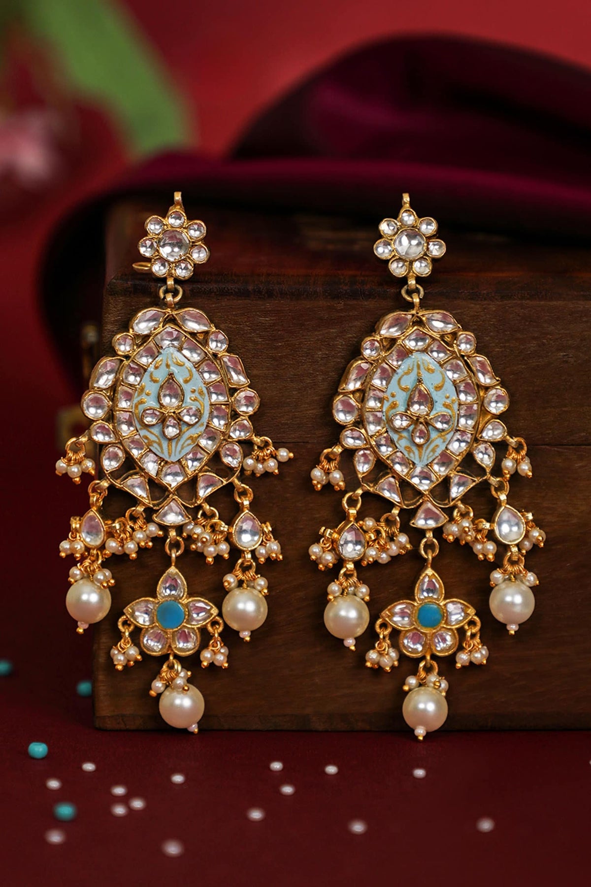 Firozi Blue Pendant Necklace With Delicate Mina Work And Long Festive Wear Earings 