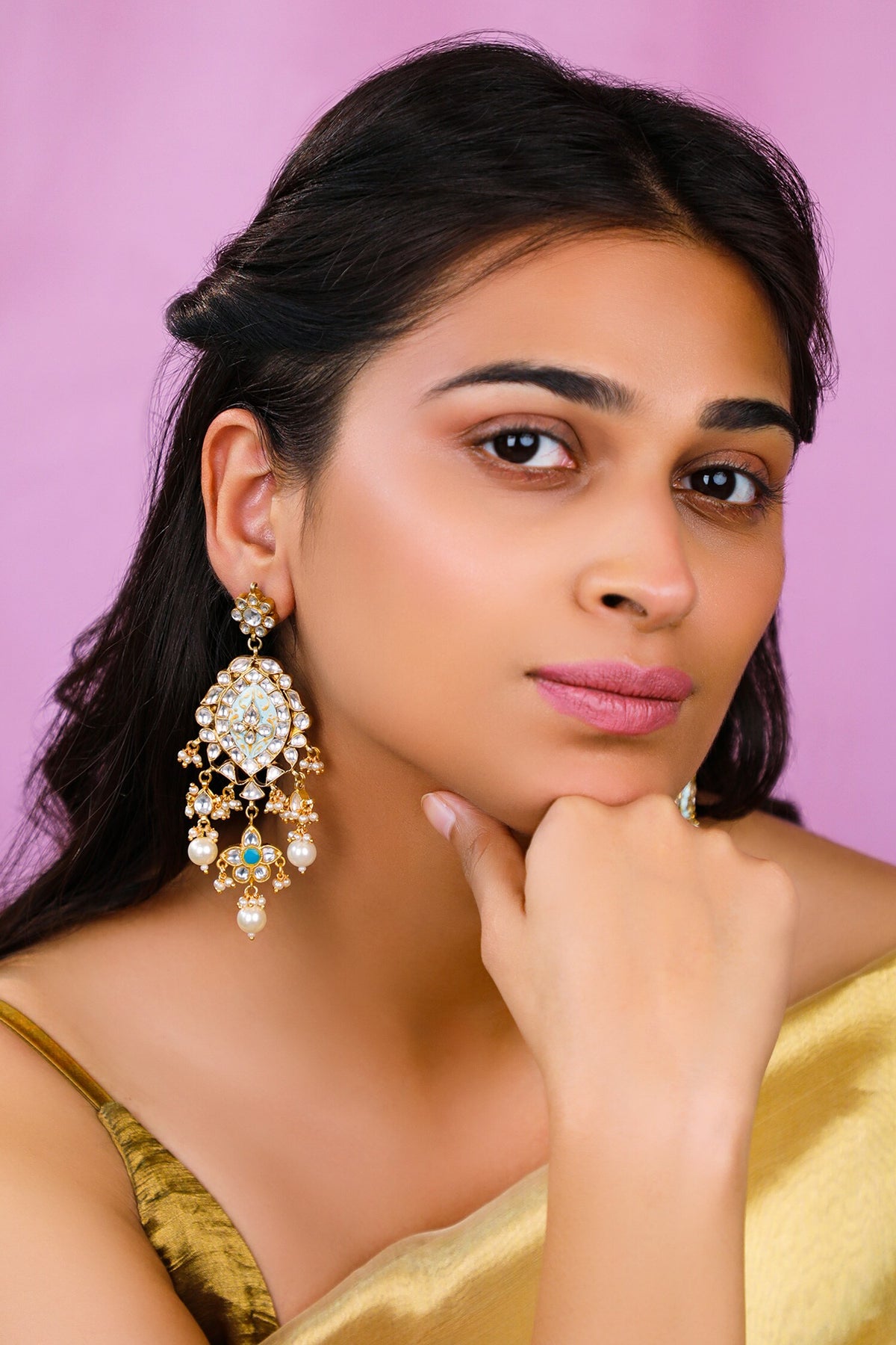 Firozi Blue Pendant Necklace With Delicate Mina Work And Long Festive Wear Earings 