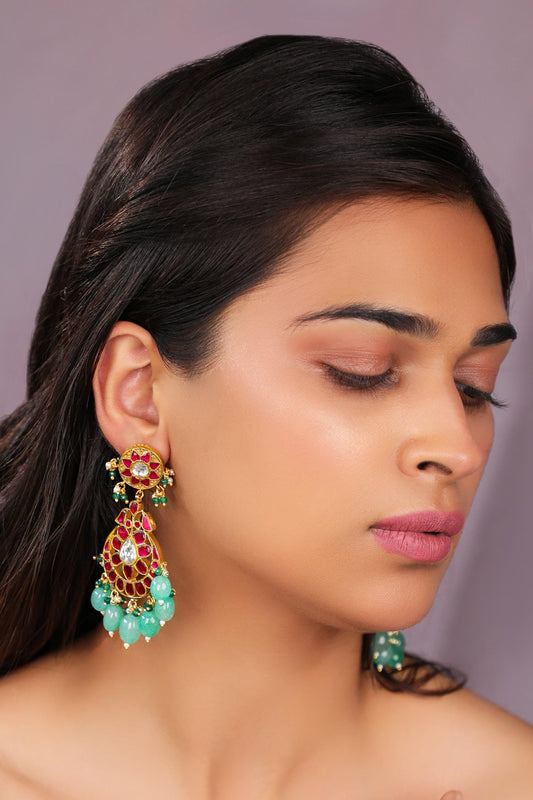 Ruby Earings In Unique Design And Pastel Green Drops 