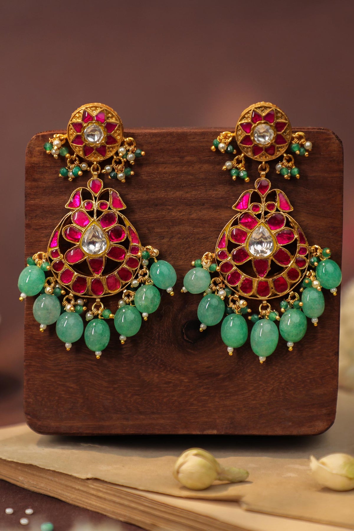 Ruby Earings In Unique Design And Pastel Green Drops 