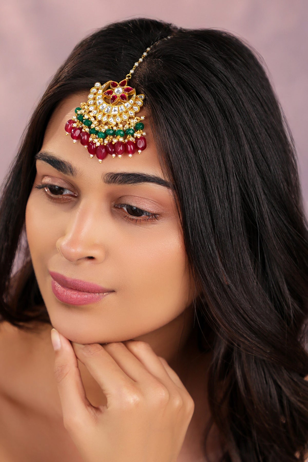 Ruby Pink And Emerald Maangtikka 