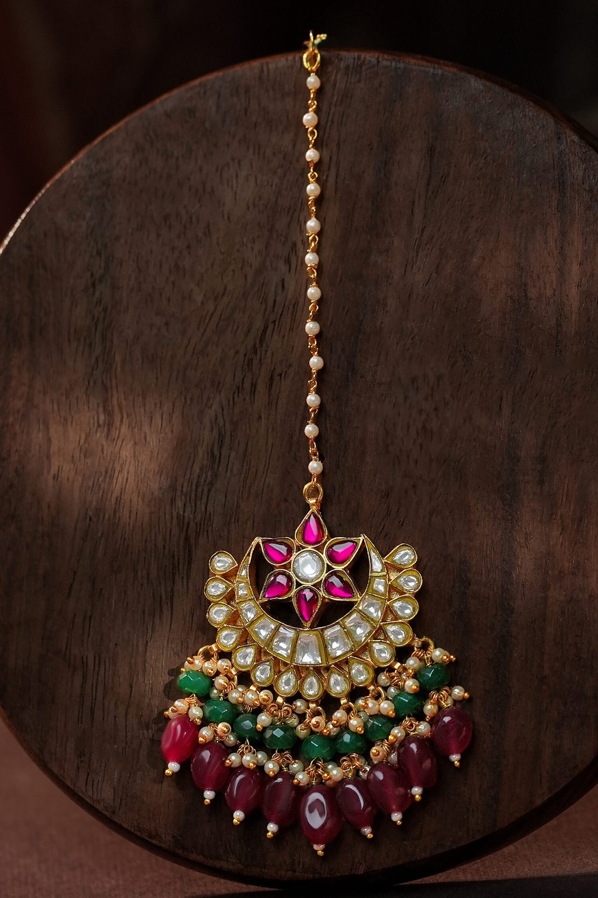 Ruby Pink And Emerald Maangtikka 