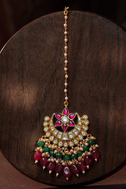 Ruby Pink And Emerald Maangtikka 
