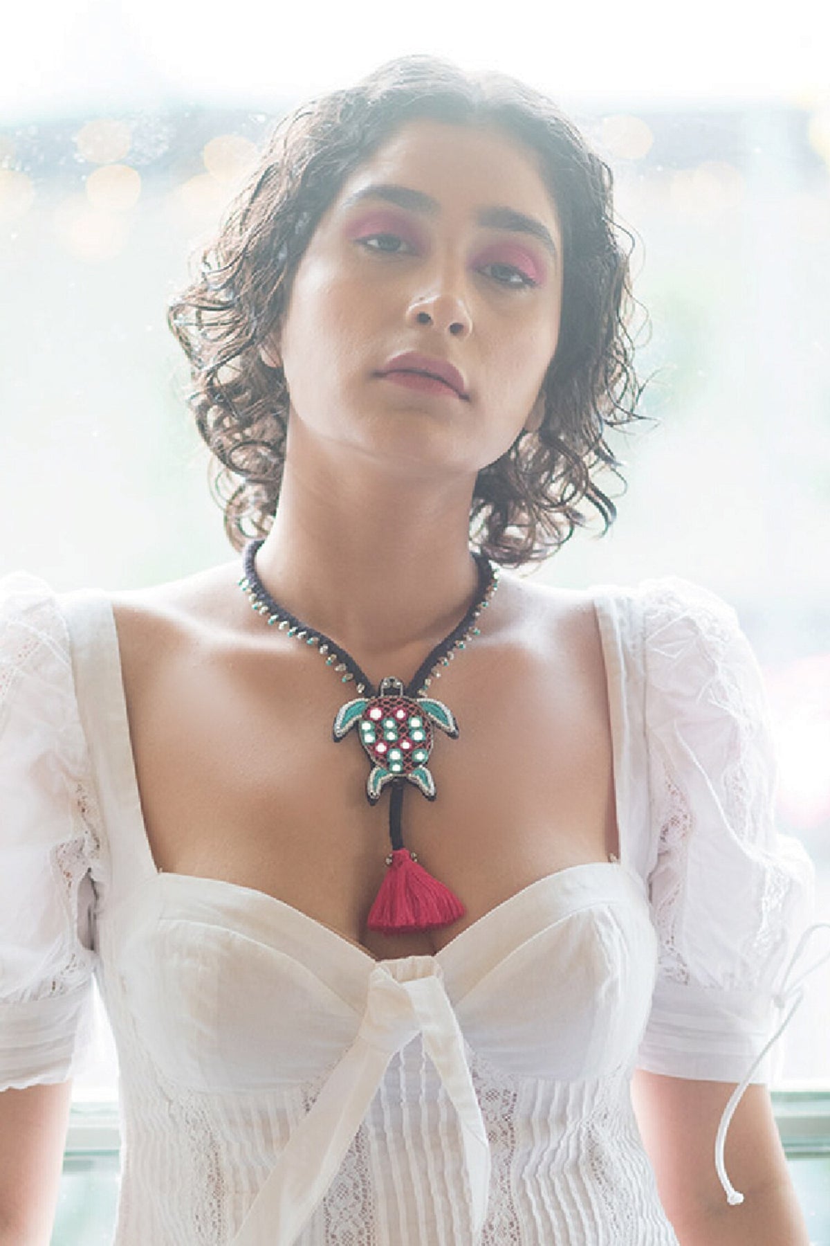 Chandni Multi Color Mirror Work Turtle Necklace 