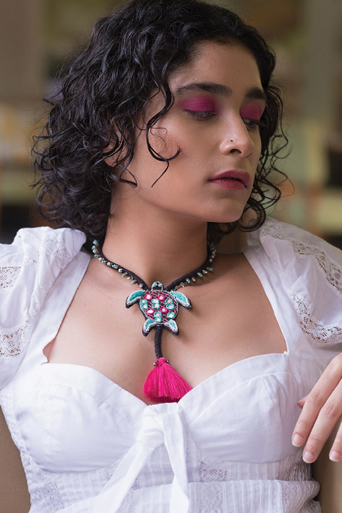 Chandni Multi Color Mirror Work Turtle Necklace 