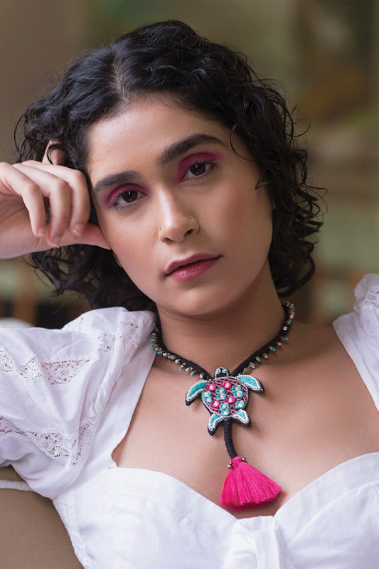 Chandni Multi Color Mirror Work Turtle Necklace 
