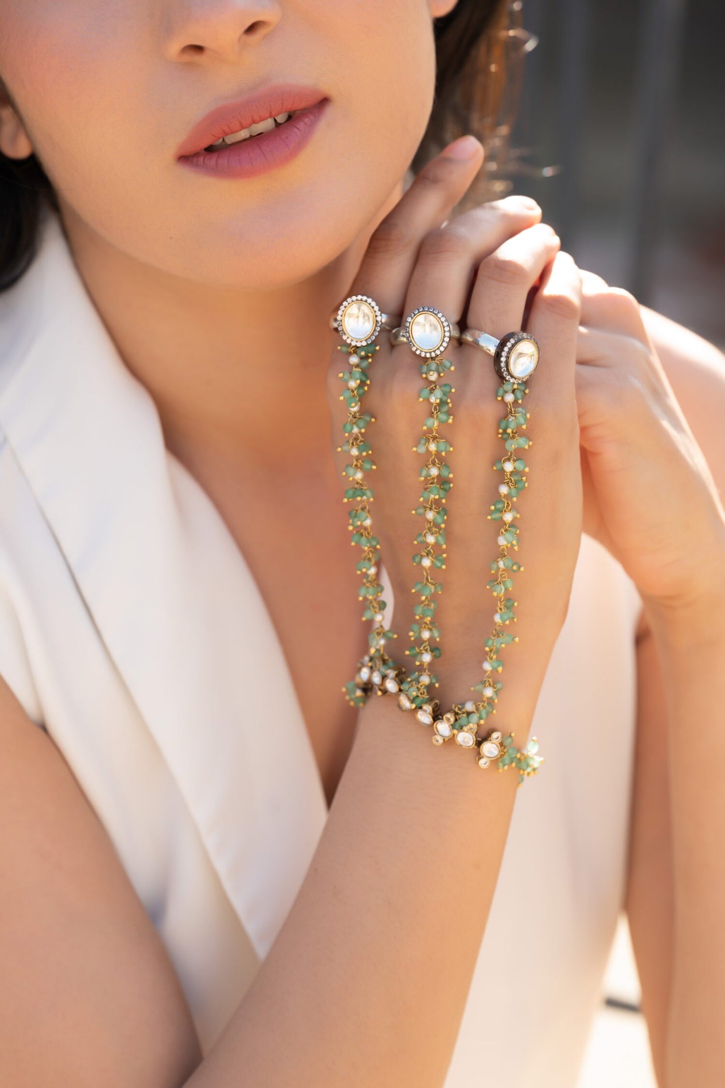 Mint Polki Hathphool Bracelet 