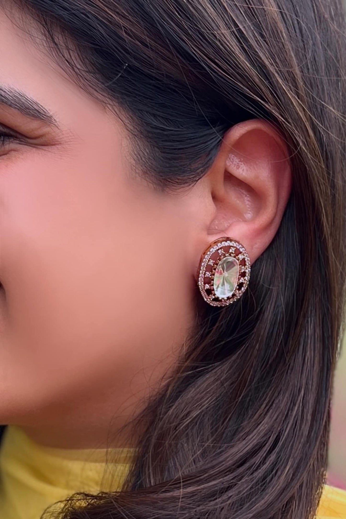 Gold Finish Polki Zircon Stud Earrings 