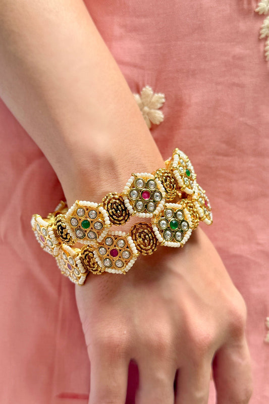 Gold Finish Temple Pearl Bangle Set 