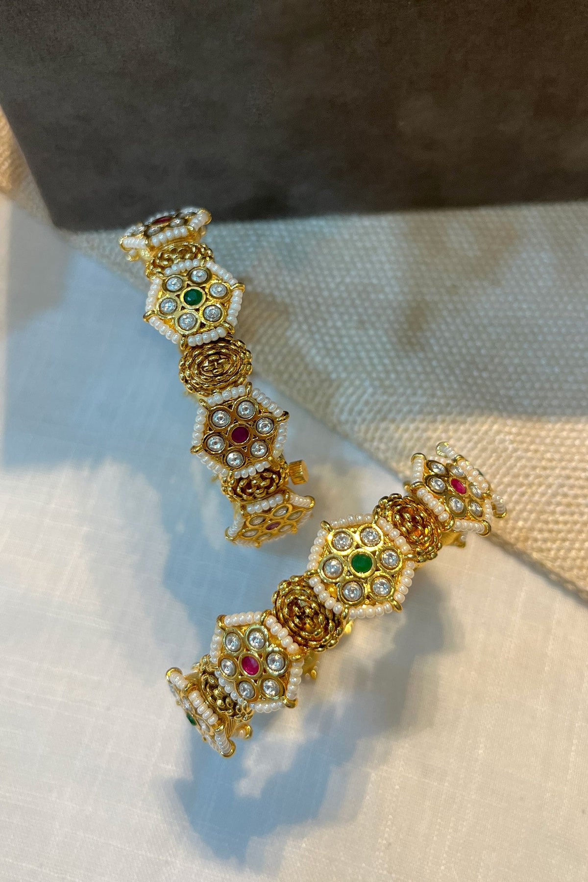 Gold Finish Temple Pearl Bangle Set 