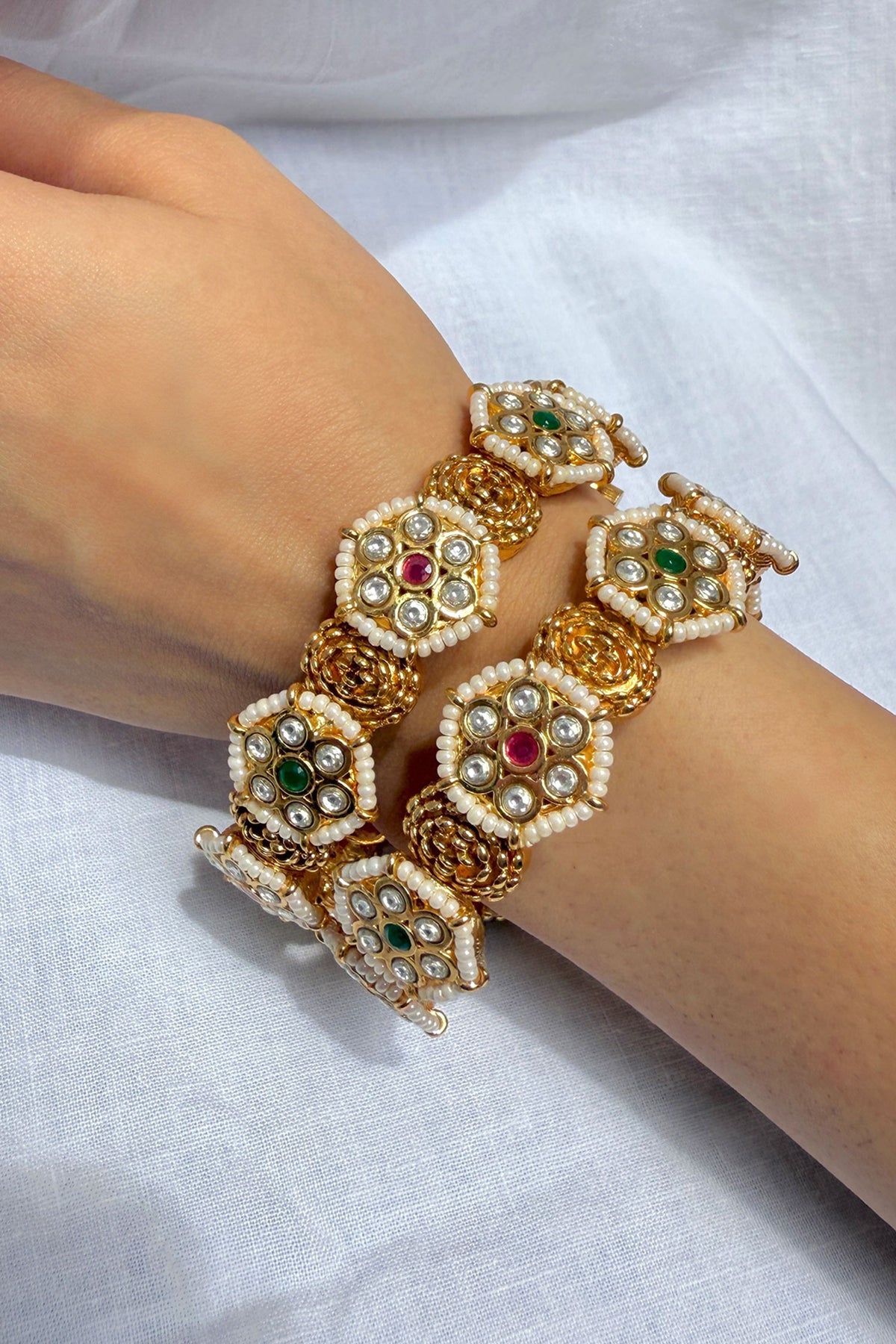 Gold Finish Temple Pearl Bangle Set 