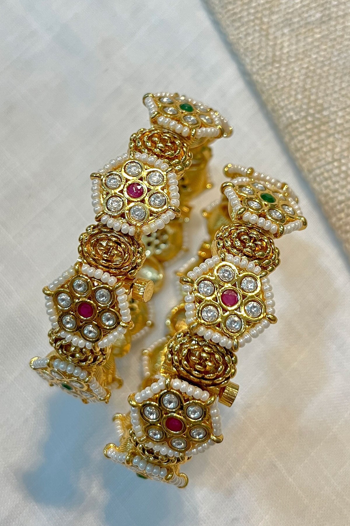 Gold Finish Temple Pearl Bangle Set 
