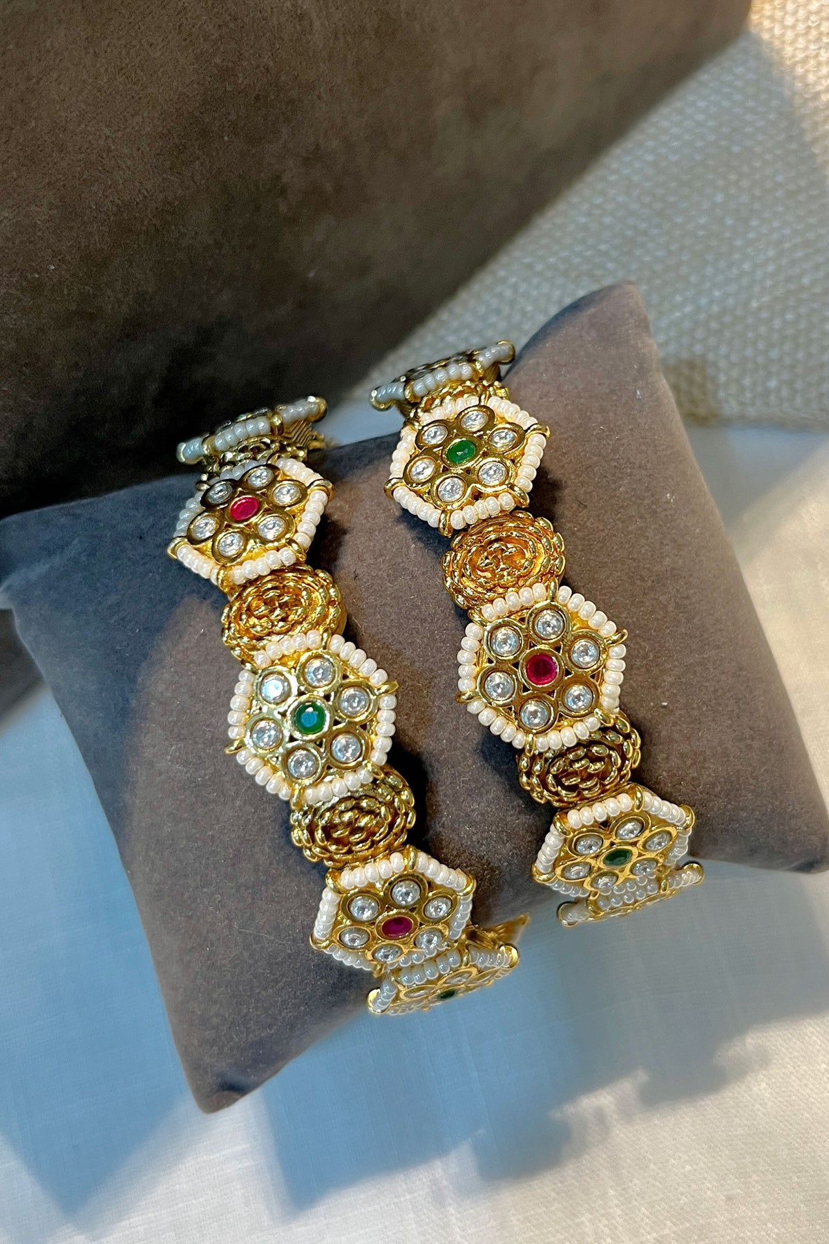 Gold Finish Temple Pearl Bangle Set 
