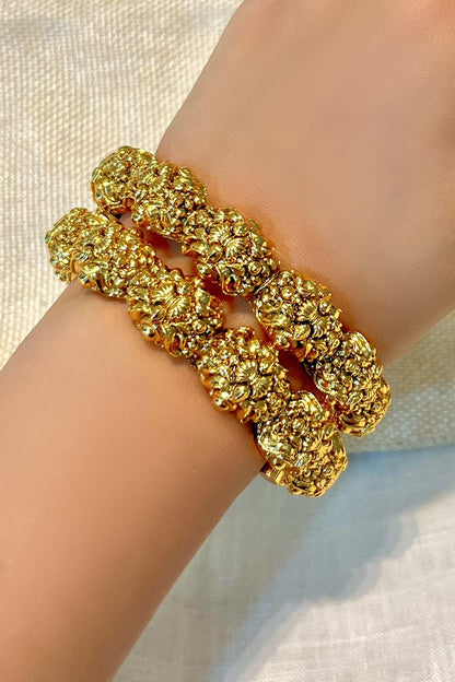 Gold Finish Carved Temple Bangle Set 