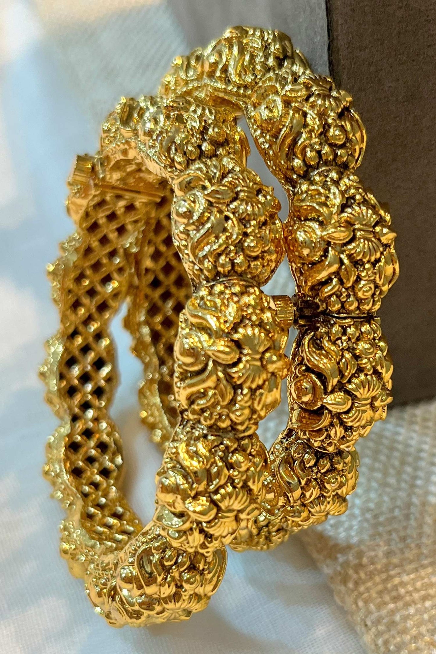 Gold Finish Carved Temple Bangle Set 