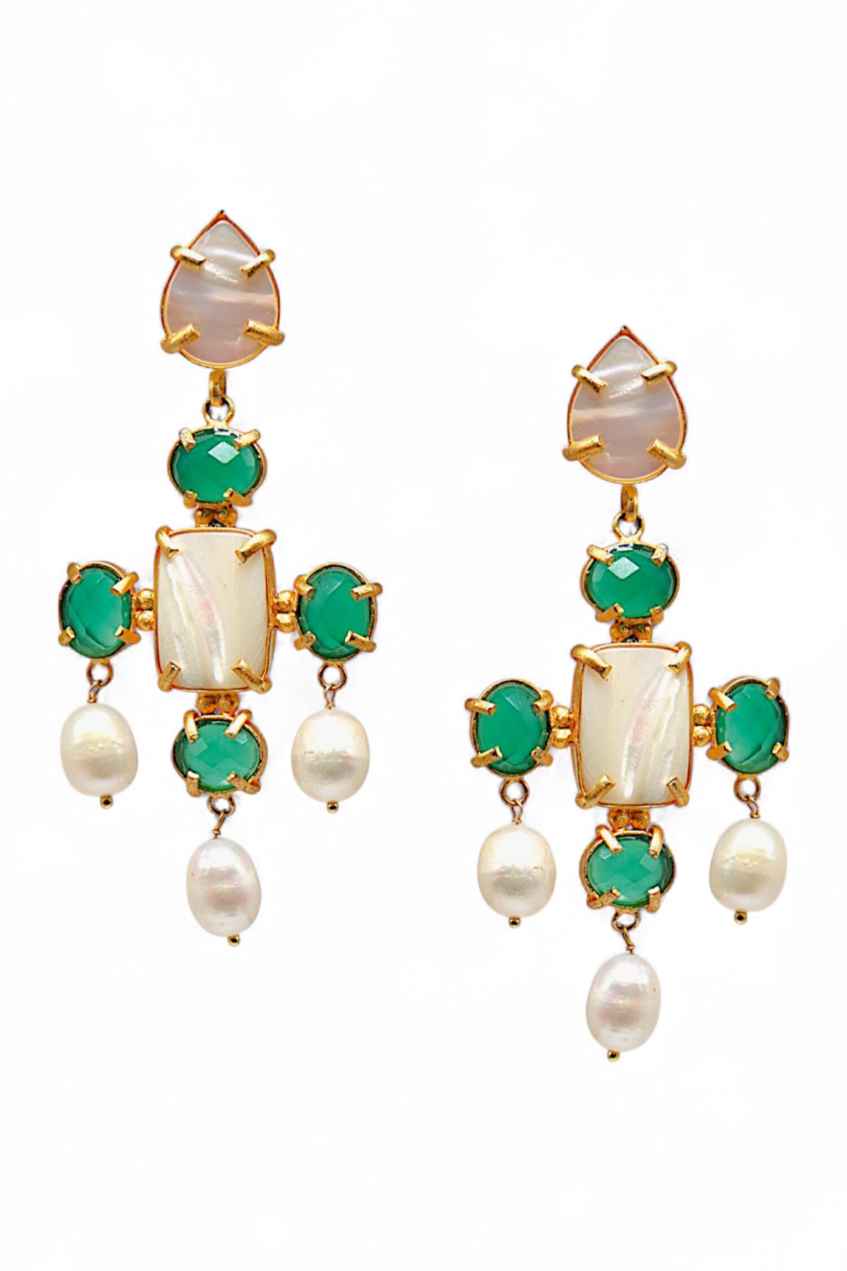 Gold Finish Green Stone Earrings 