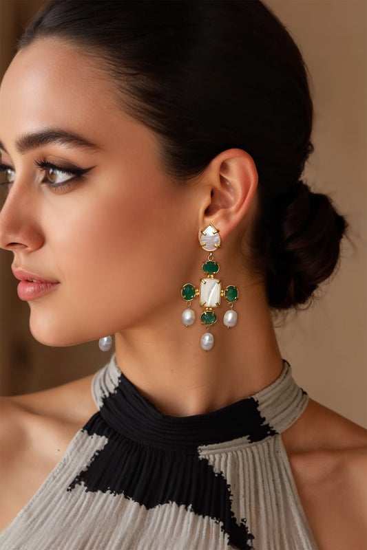 Gold Finish Green Stone Earrings 