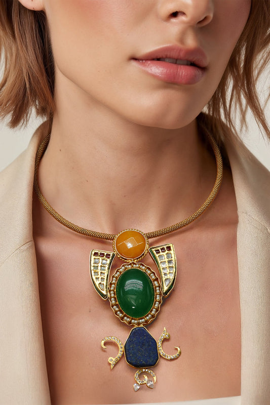Gold Finish Semi Precious Stone Necklace 