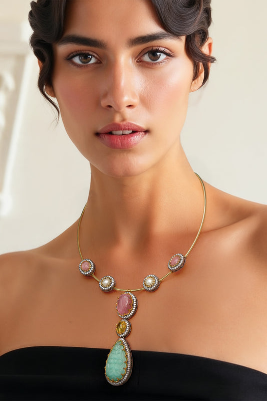 Gold Finish Semi Precious Stone Necklace 
