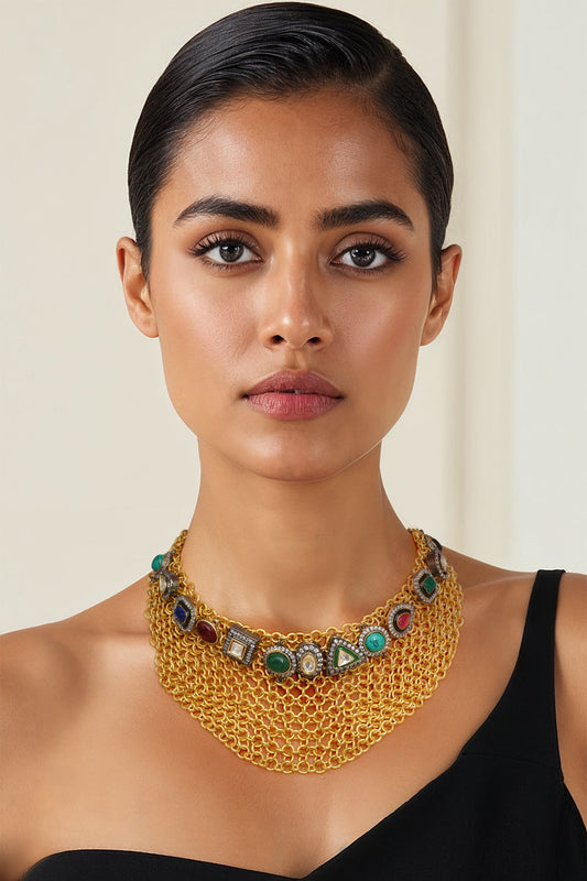 Gold Finish Semi Precious Stone Necklace 