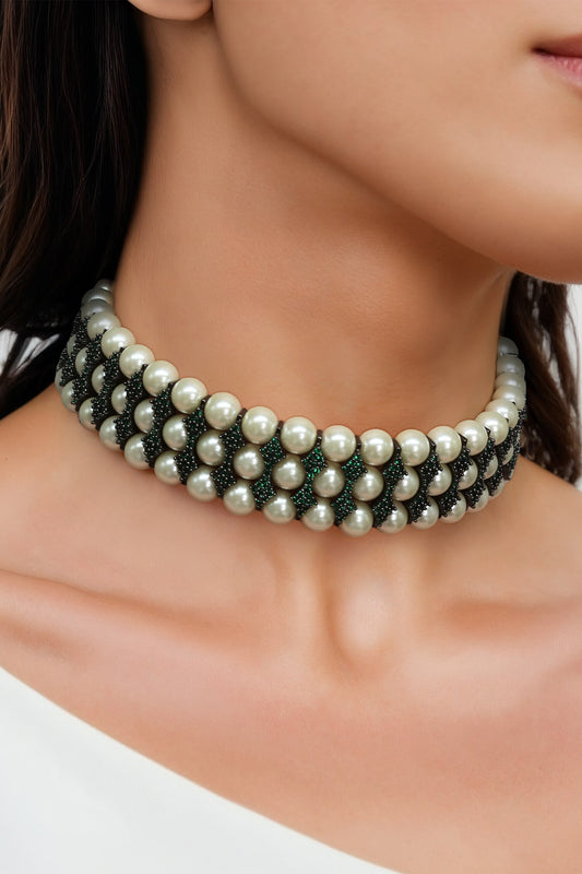 Two Tone & Pearl Choker Necklace 