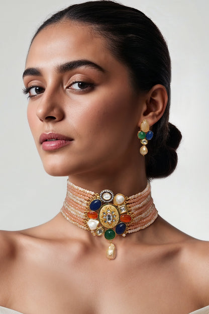 Gold Finish Semi Precious Stone Jewelry Set 