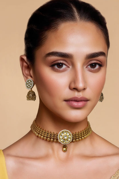 Gold Finish Imitation Polki Necklace Set 