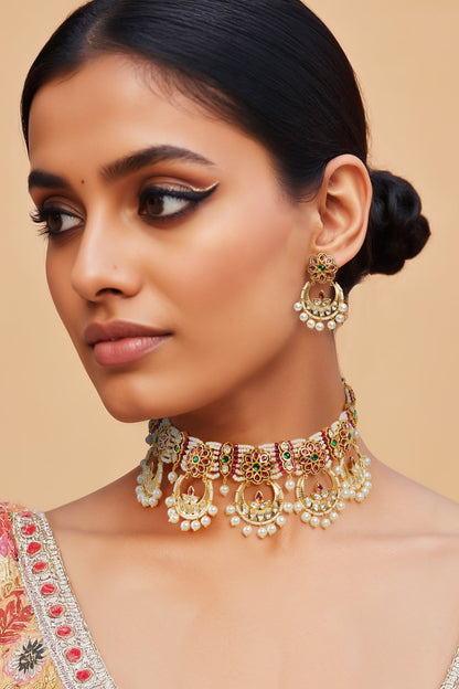 Gold Finish Imitation Polki Necklace Set 