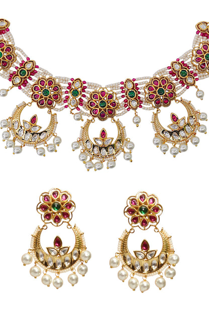 Gold Finish Imitation Polki Necklace Set 