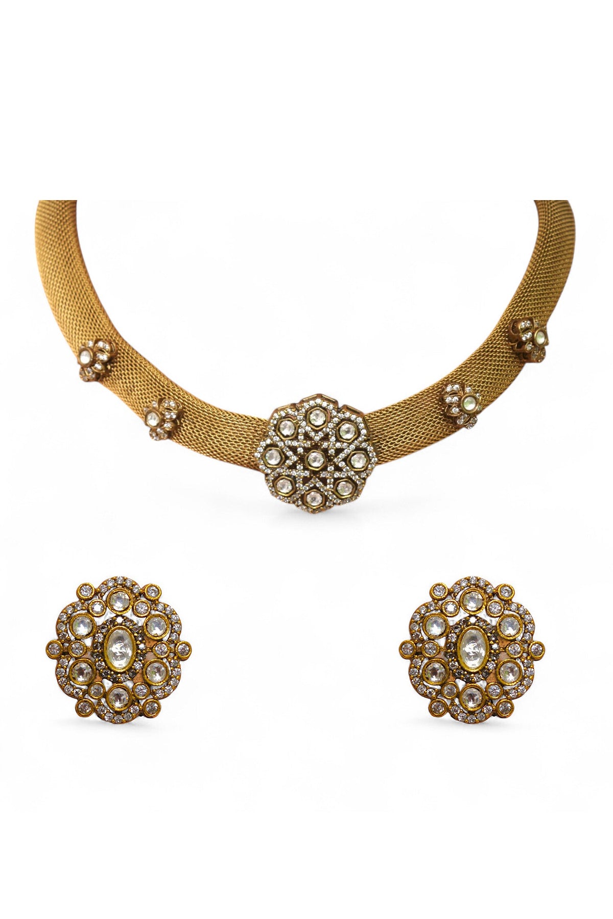 Gold Finish Imitation Polki Necklace Set 