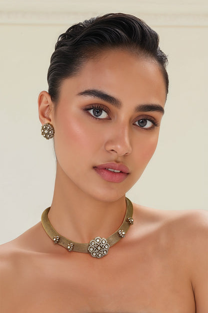 Gold Finish Imitation Polki Necklace Set 