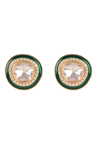 925 Silver Green Meena Moissanite Polki Earrings 