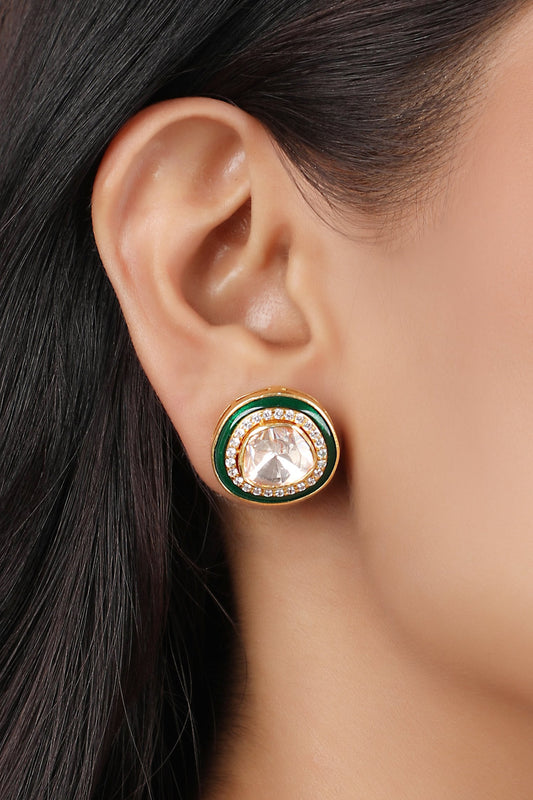 925 Silver Green Meena Moissanite Polki Earrings 