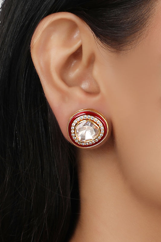925 Silver Red Meena Moissanite Polki Earrings 