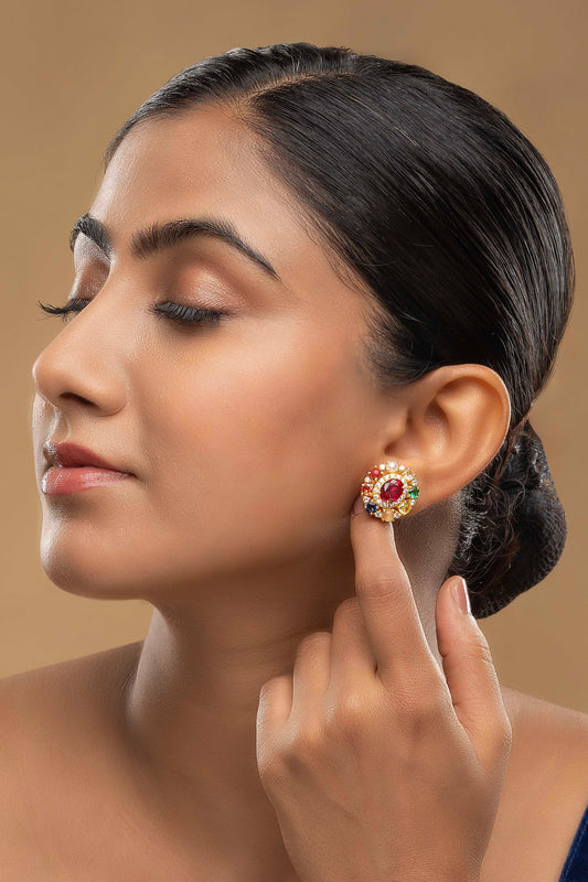 925 Silver Moissanite Polki Navratna Earrings 