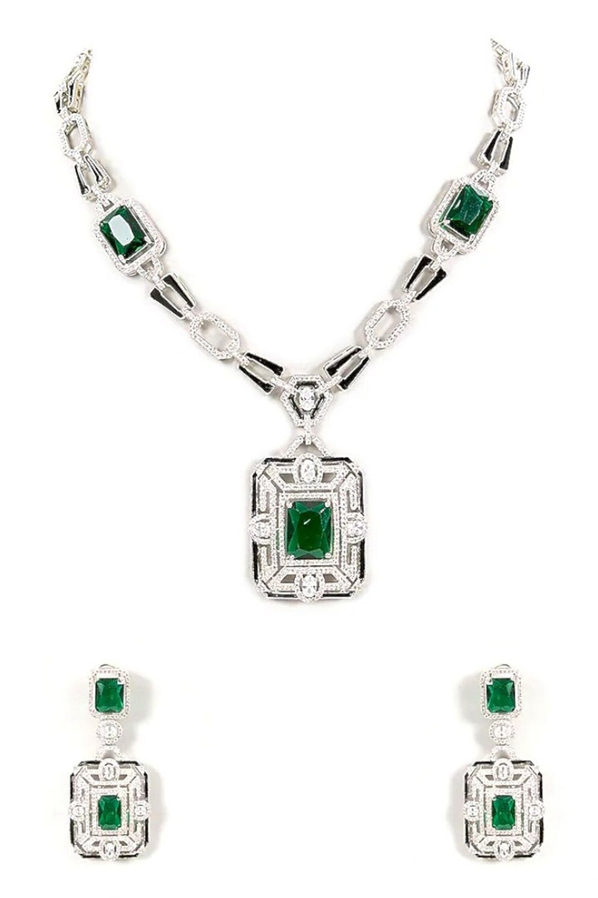 Emerald-Cut Green Gemstone Necklace Set 