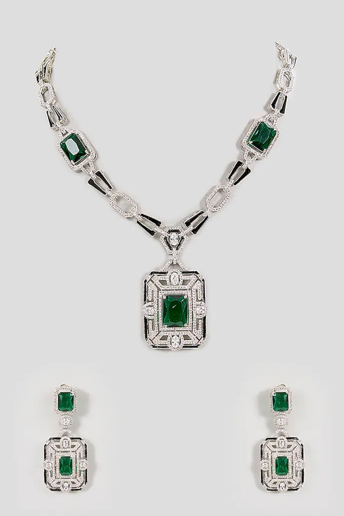 Emerald-Cut Green Gemstone Necklace Set 