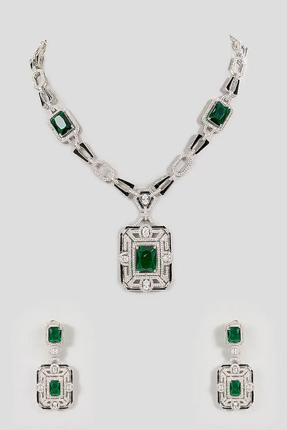 Emerald-Cut Green Gemstone Necklace Set 